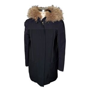 MAJE Sinatra Black Mixed Media Parka Coat Real Raccoon Fur Hood Size 36 US Small